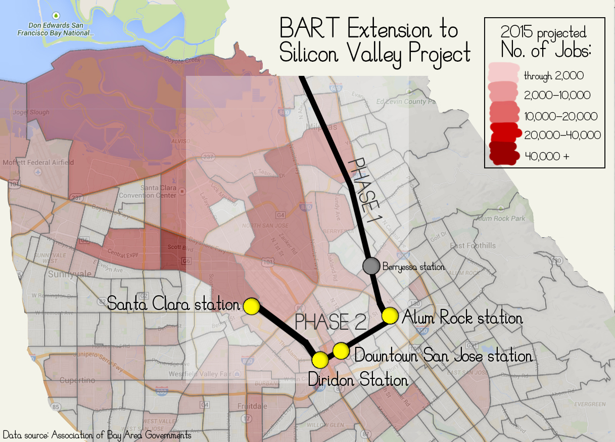 Data from the Association of Bay Area Governments shows projected employment numbers for areas surrounding proposed BART stations in San Jose. 
