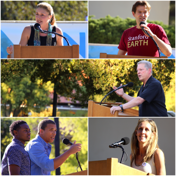From top left: Maria Doerr (Kim Kenny/Peninsula Press), Stanford associate professor Noah Diffenbaugh, former Vice President Al Gore, Associated Students of Stanford University (ASSU) President John-Lancaster Finley and ASSU Vice President Brandon Hill, and KNOW TOMORROW founder Wendy Abrams (Lucas Oliver Oswald/Peninsula Press), all pictured at the Oct. 2 event.