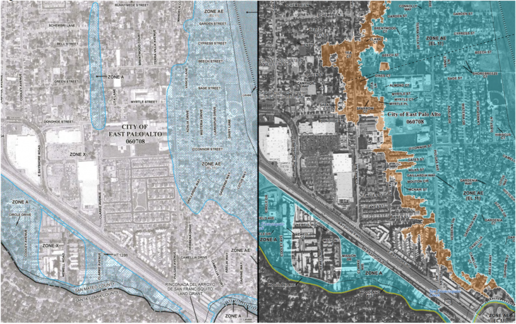 FEMA’s flood boundary maps of East Palo Alto. The map on the left shows the previous flood boundaries, and the map on the right shows the new boundaries, with the blue regions indicating a flood that is likely to occur during a 100-year period and the orange indicating a flood that is likely in a 500-year period. (Map courtesy of FEMA)