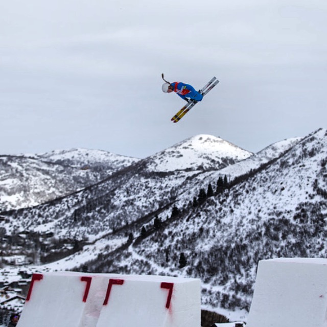 Maddy Olsen competing a full-full, double backflip with a 720-degree rotation, in Aerials at a World Cup Event. Her top finish for the 2015-2016 season was third place at the World Cup in Moscow, Russia. (Photo courtesy of Steven Earl)