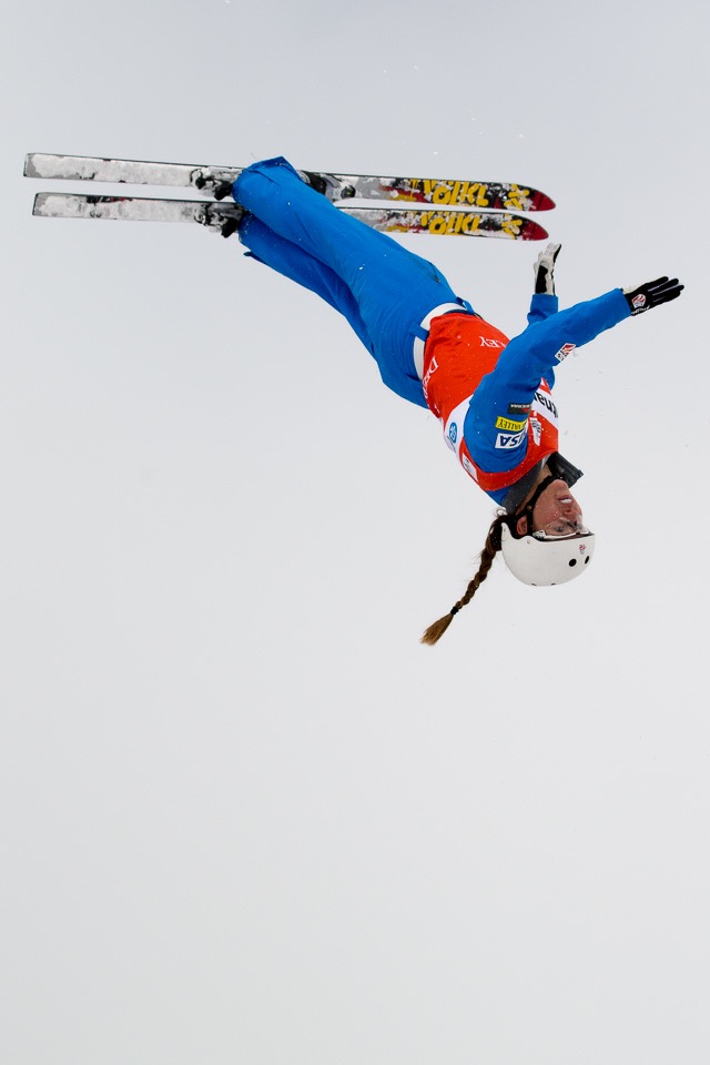 Maddy Olsen competing a full-full, double backflip with a 720-degree rotation, in Aerials at a World Cup Event. Her top finish for the 2015-2016 season was third place at the World Cup in Moscow, Russia. (Photo courtesy of Steven Earl)