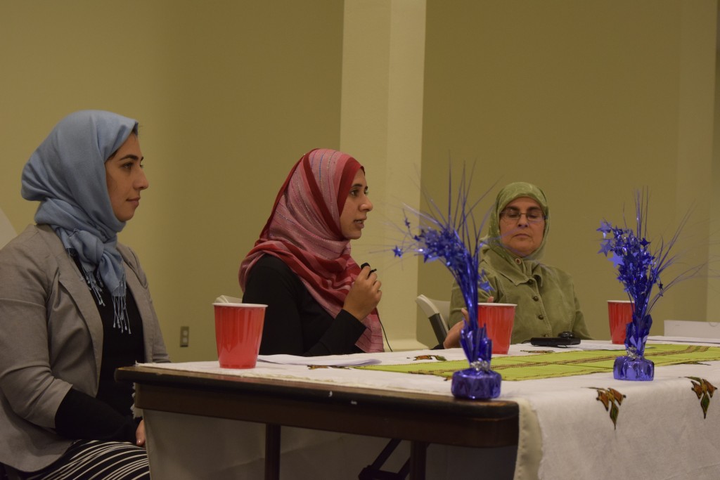 Executive director of the Council on American Islamic Relations's Bay Area Chapter, Zahra Billoo, Ameena Jandali of Islamic Networks Group and Elica Vafaie of the Asian Law Caucus address an audience at an event called 
