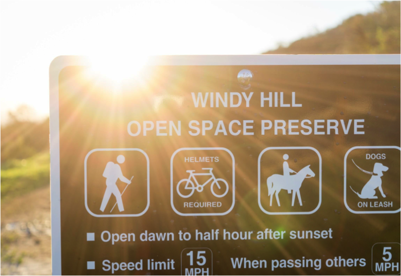 An early sunrise crests an informational sign at the Windy Hill Open Space Preserve. (Kira Minehart/Peninsula Press) 