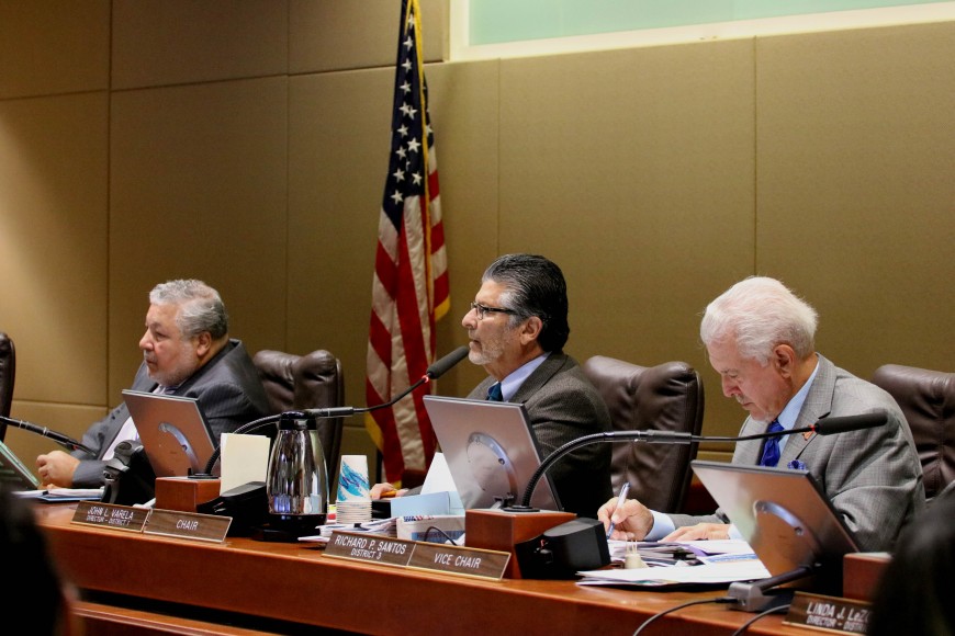 Board chair John Varela (center), vice chair Richard Santos (right) and member Tony Estremera (left) listened to testimonies from the community regarding their vote on support for California WaterFix. (Katlyn Alo/Peninsula Press)