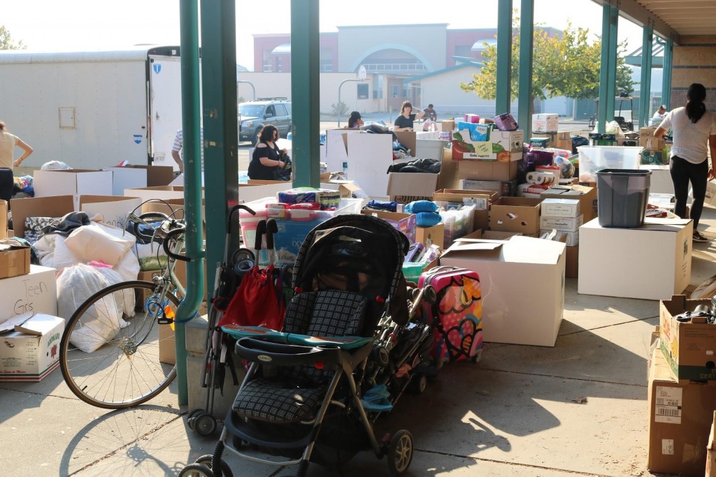 Donated goods outside of Windsor High School shelter