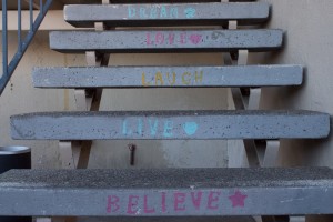 Messages of hope painted on the LifeMoves shelter staircase in Redwood City.