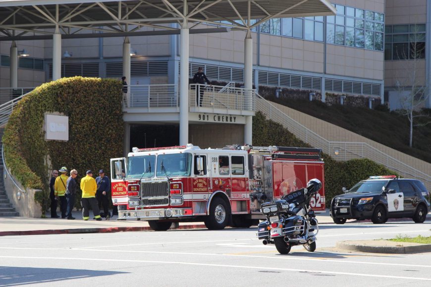 Law enforcement officials parked outside of YouTube's headquarters at 901 Cherry Ave. (Dylan Freedman/Peninsula Press)