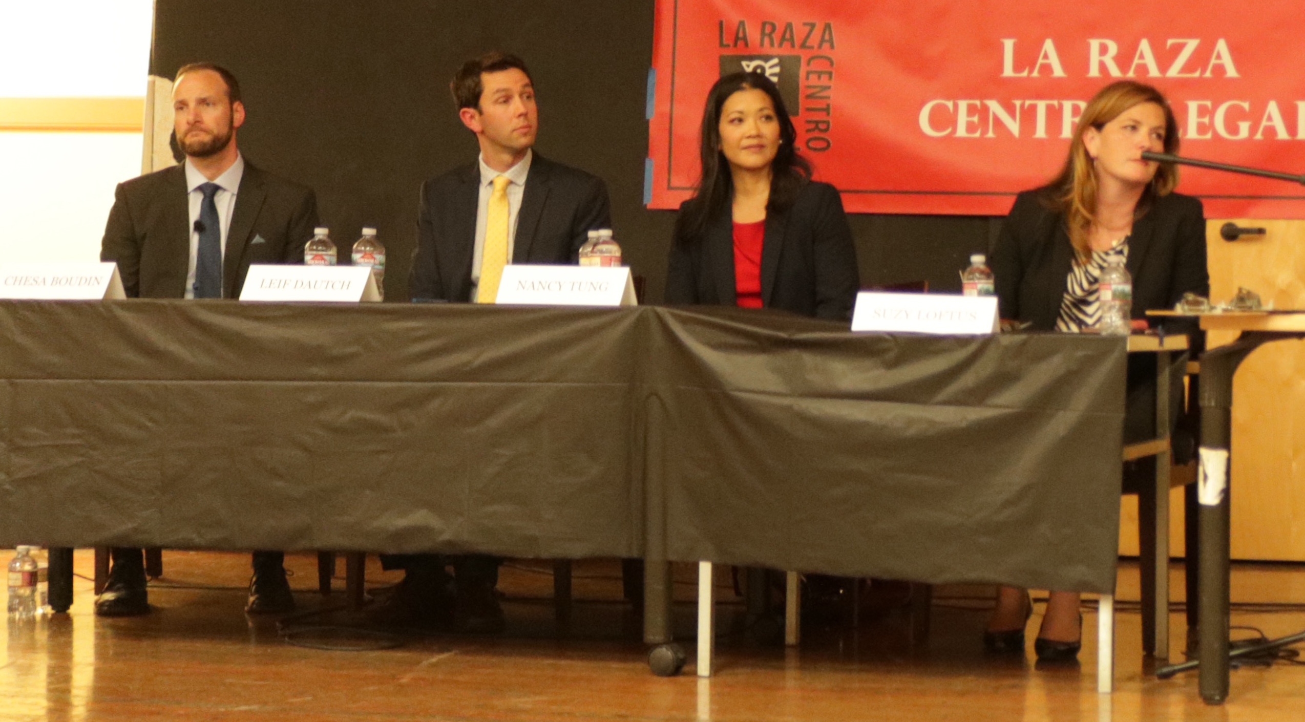 Chesa Boudin, Leif Dautch, Nancy Tung and Suzy Loftus at a forum for San Francisco District Attorney candidates.