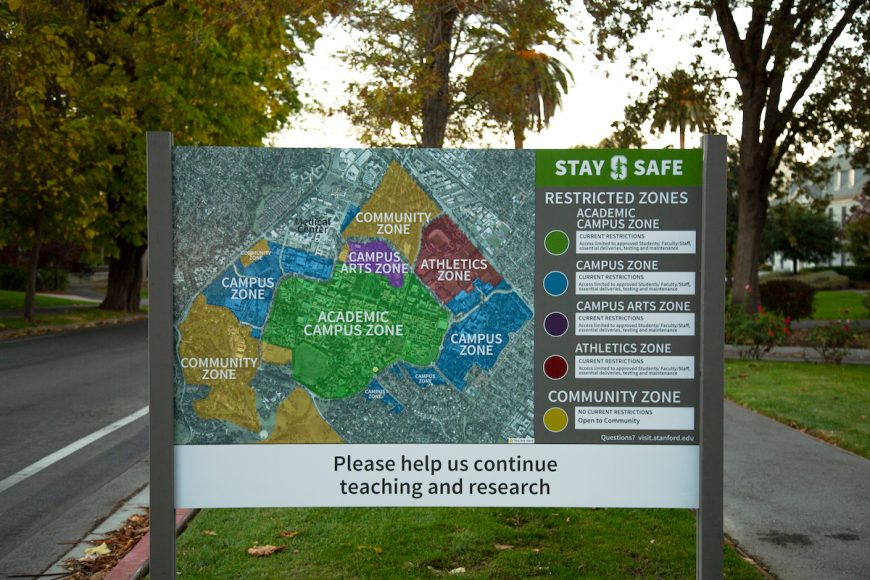 A sign at the intersection of Mayfield Avenue and Campus Drive showcases the different zones on campus. As a result of the coronavirus, Stanford developed restrictions of certain areas on campus to limit density. (Noah Cortez, Peninsula Press)