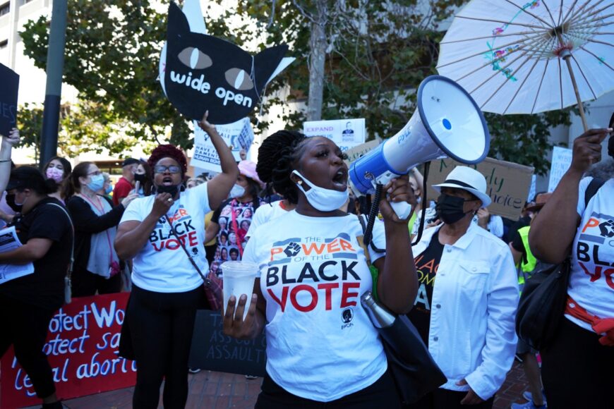 Protesters with Black Women Organized for Political Action, an Oakland-based activist group, rally at the Rally for Abortion Justice in San Francisco on Oct 2, 2021. (Elissa Miolene/Peninsula Press) 
