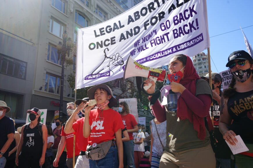 Members of the Party for Socialism and Liberation advocate for legal abortion in the wake of Texas’ Senate Bill 8 in San Francisco on Oct. 2, 2021. (Elissa Miolene/Peninsula Press)
