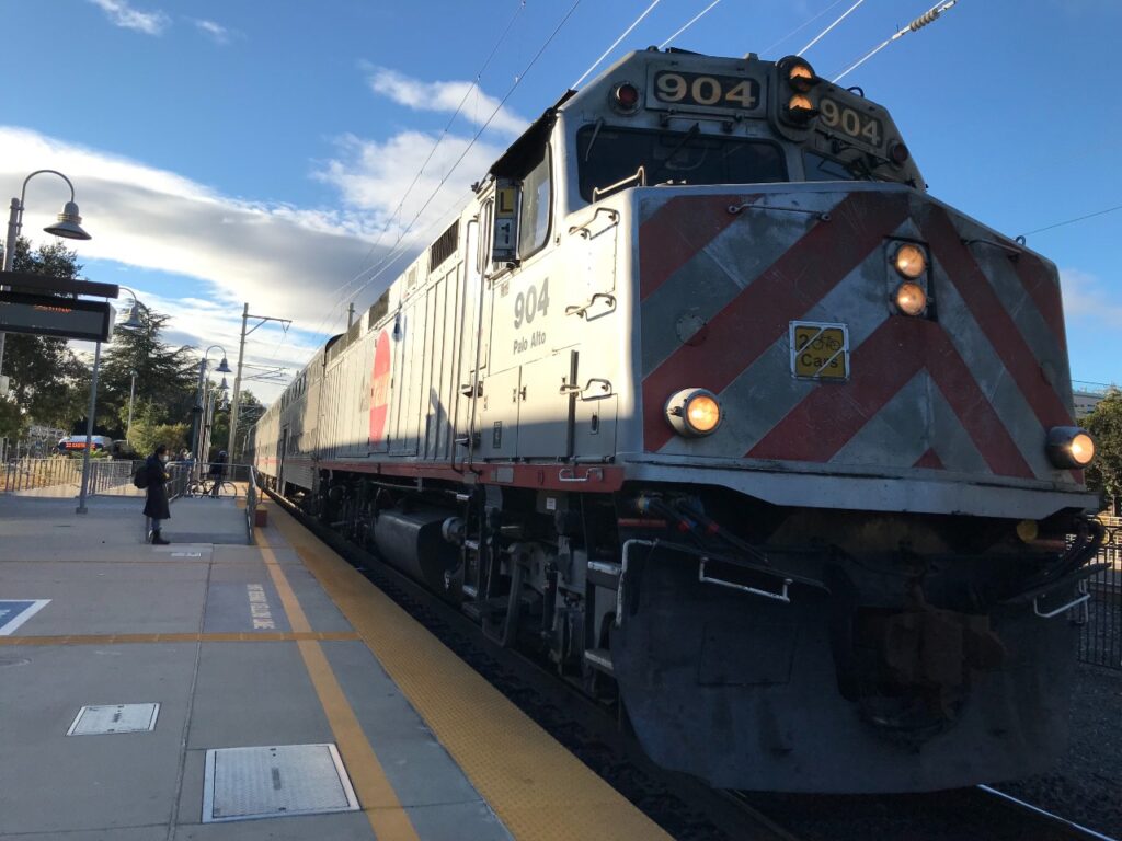 A picture of the front of a commuter train