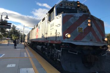 A picture of the front of a commuter train