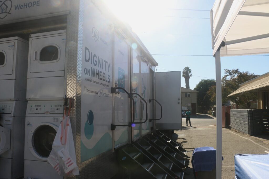 A picture of a mobile laundry and mobile shower trailer.