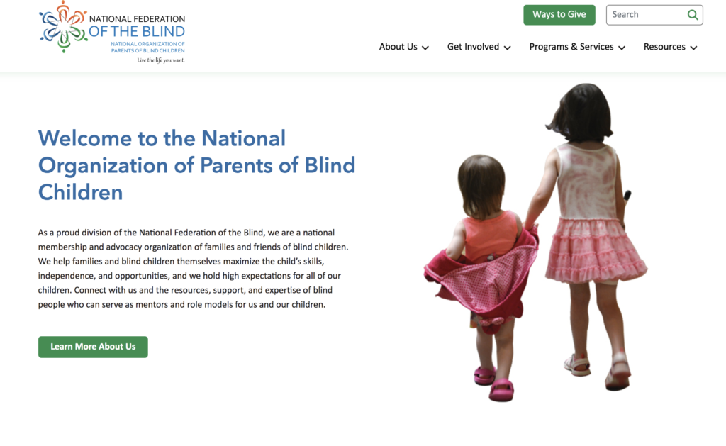A screenshot of the National Organization of Parents of Blind Children website