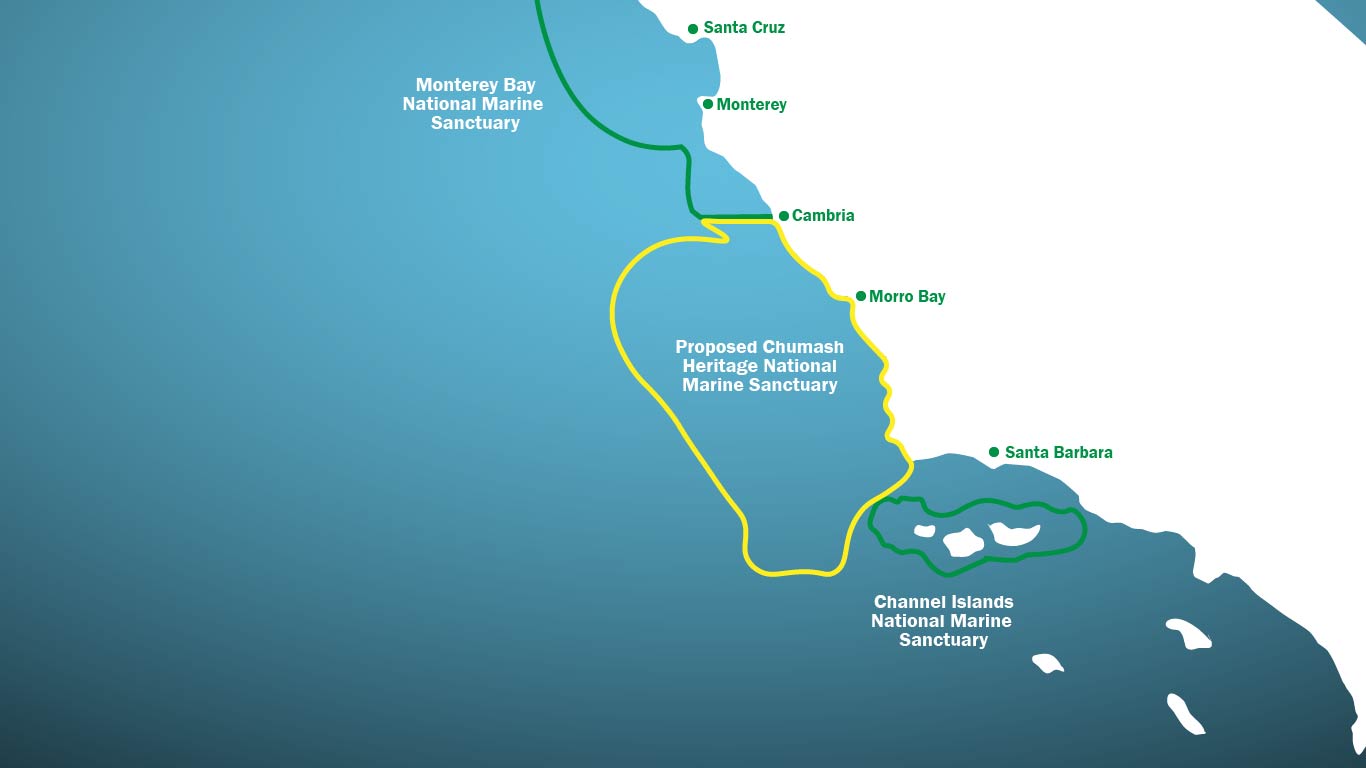 A map of California Coast marking the location of the proposed Chumash Heritage National Marine Sanctuary