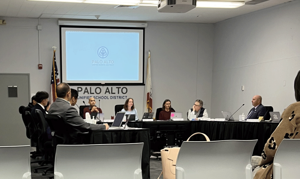 A photo of a Palo Alto school board meeting.