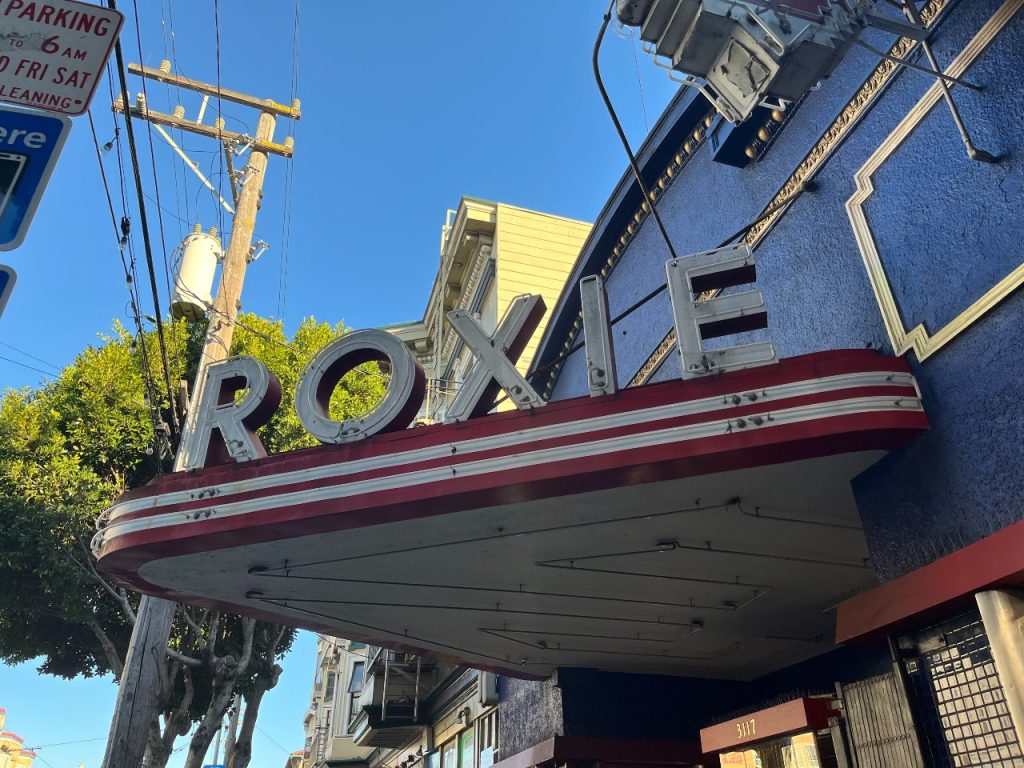 Roxie letters on a building awning.