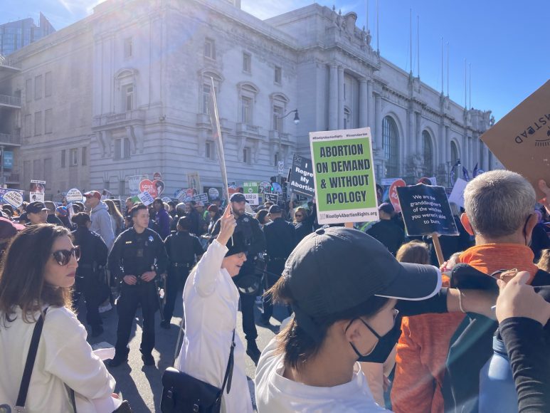 The rallies for and against abortion rights met at the corner of Larkin and Grove St., as the West Coast Walk for Life prepared to march to Embarcadero Plaza. (Kevi Johnson/Peninsula Press)
