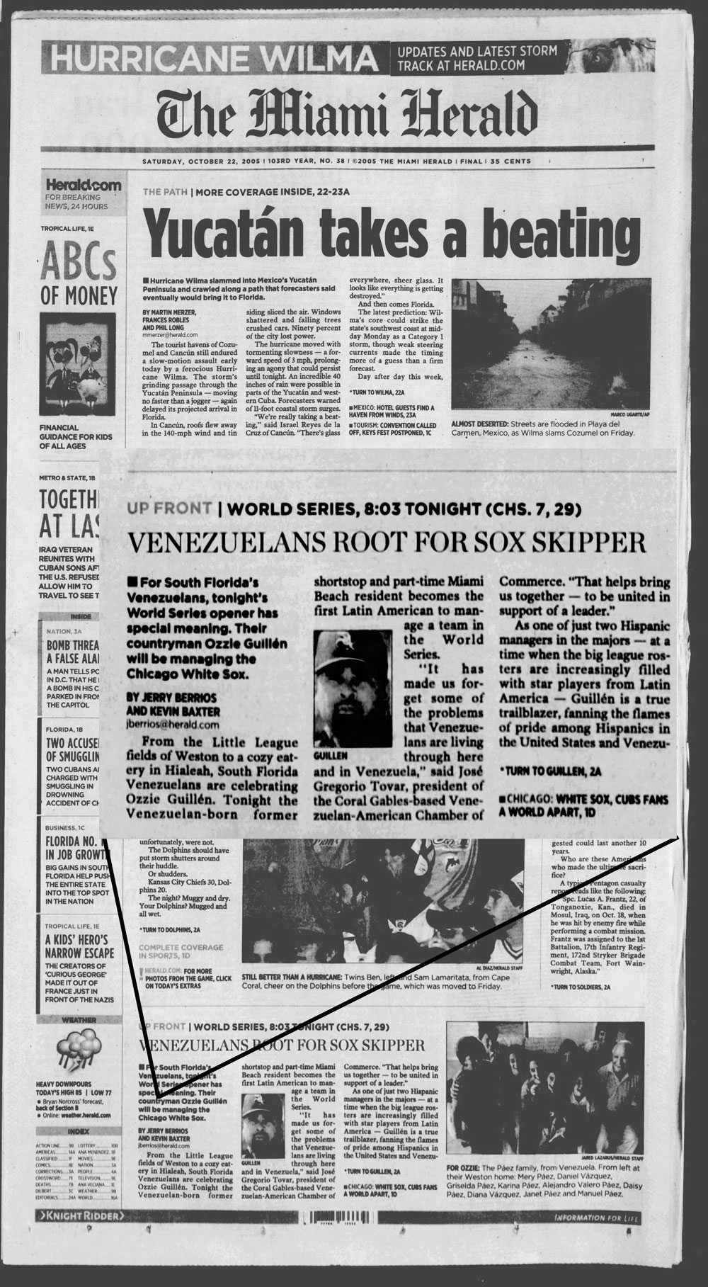 The front page of the Miami Herald as a faded background. In the foreground is the article that Kevin Baxter and Jerry Berrios worked on.