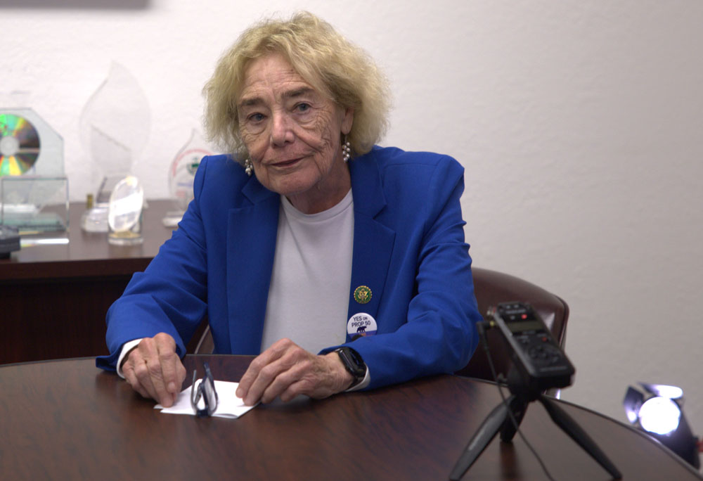 Congresswoman Zoe Lofgren, in a blue blazer and white shirt, sits at a conference table near the edge of the frame, looking attentive. The background shows an American flag and a painting of George Washington on horseback, as well as a row of glass awards on a cabinet behind her.