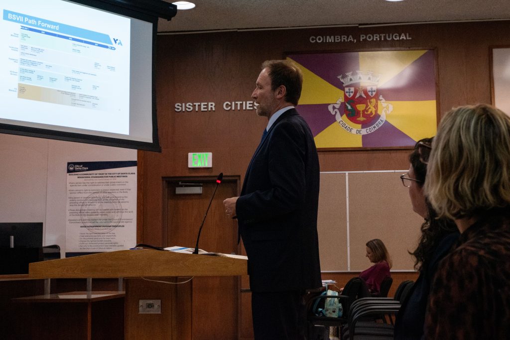 VTA's Chief Megaprojects Officer Tom Maguire stands at a lecture while presenting at the Santa Clara City Council meeting on Oct. 7.