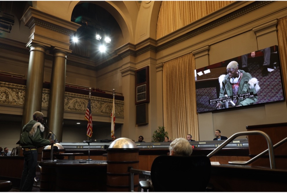 OPD A view of a speaker at an Oakland Police Commission meeting.